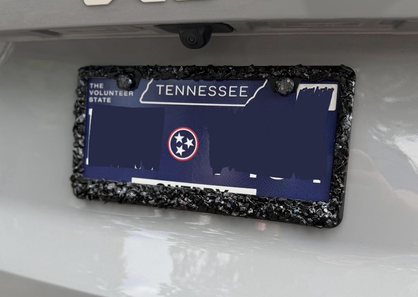 Hand-mined black obsidian and amethyst license plate frame